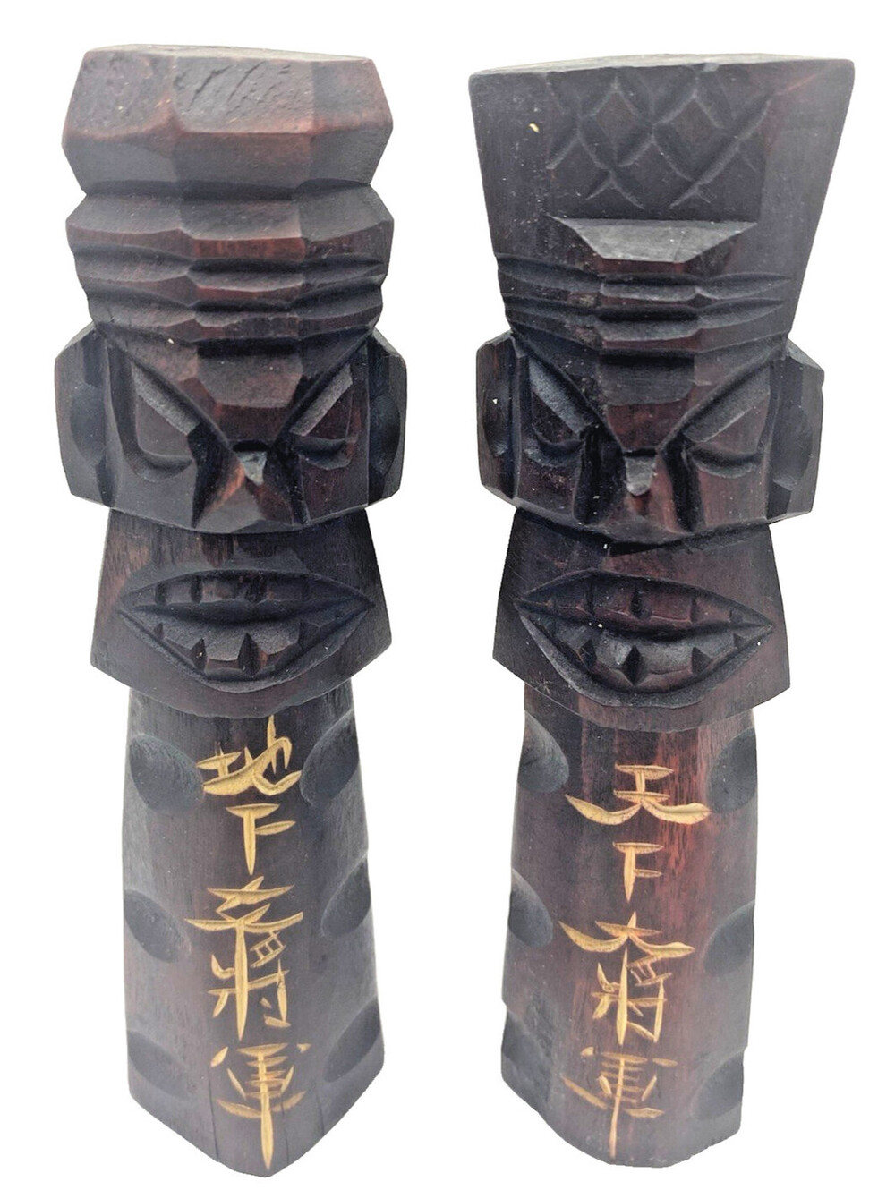 Vintage Korean Wooden Tiki Totem Pole Guardian Jangseung Figures 11.5" Tall